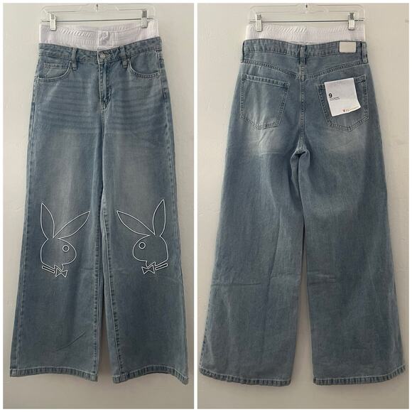 Playboy Embroidered Bunny Logo Wide Leg Jeans Denim Y2K Juniors Size 9/30" NWT - Picture 1 of 11